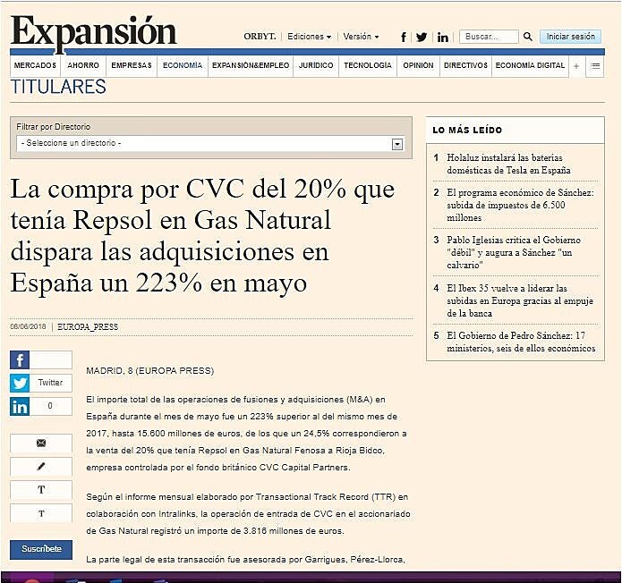 La compra por CVC del 20% que tena Repsol en Gas Natural dispara las adquisiciones en Espaa un 223% en mayo